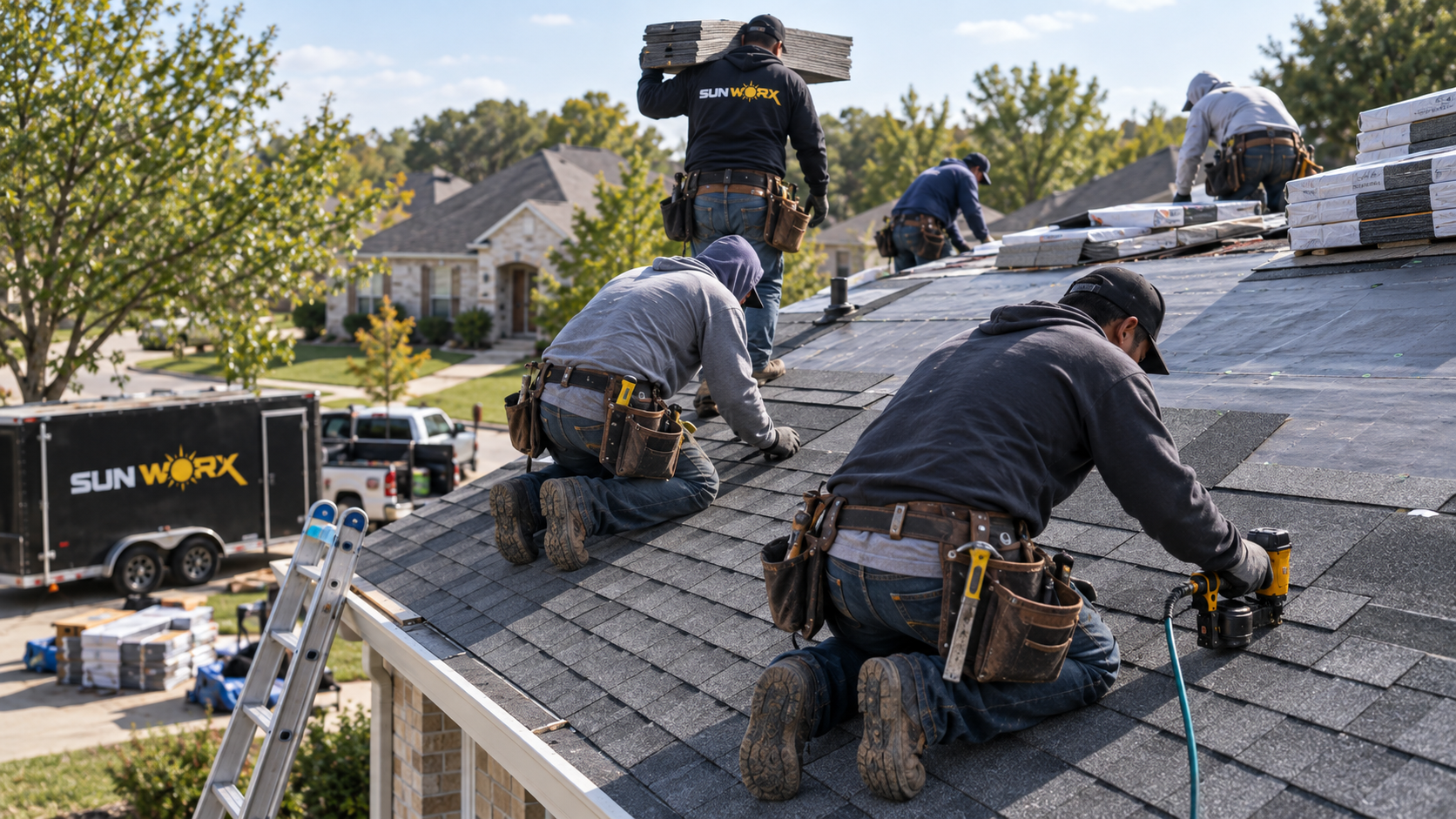 our crew setting shingles on a re-roof