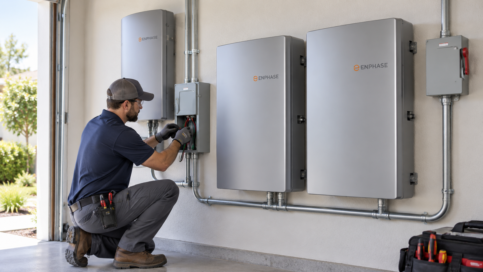 batteries and equipment mounted on the garage wall
